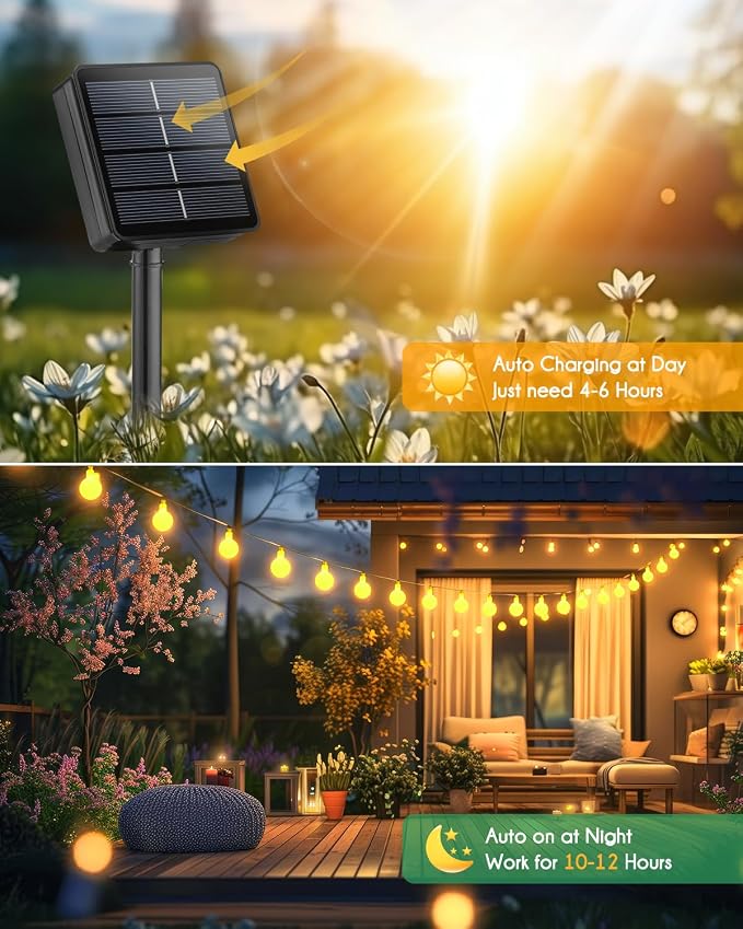 Brightown Solar String Lights 19.6Ft, 60 LED Globe Waterproof, 8 Modes | Solar Patio Lights for Yard Patio Tree Canopy Party Camping Balcony Outdoor Decor