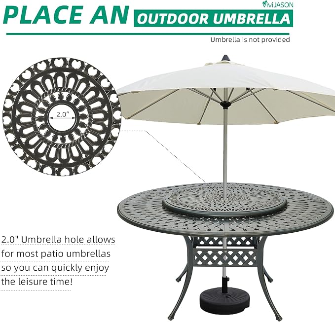 VIVIJASON Outdoor 61" Patio Dining Table for 6-8 Person, Large Patio Round Dining Table with 35.4" Lazy Susan, Dark Bronze Cast Aluminum Rustic Patio Table W/Umbrella Hole for Balcony, Porch and Deck