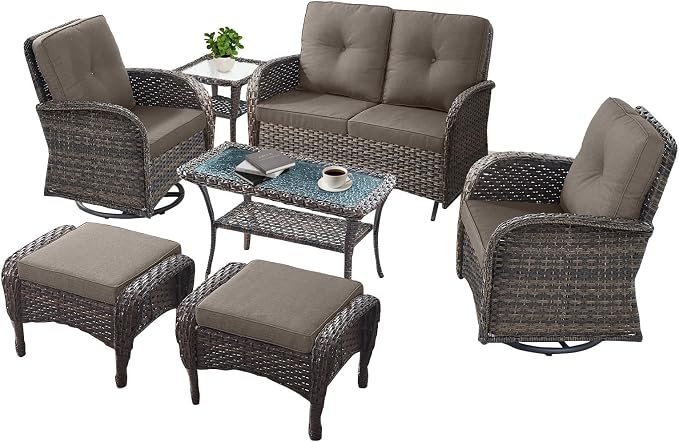 7 Pieces Patio Furniture-Patio Swivel Chairs Set of 2 Outdoor Glider Bench Rocking Chair with Patio Ottomans Patio Conversation Sets for Deck Porch Garden Balcony Poolside-Brown/Grey