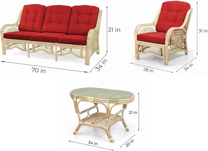 Malibu Lounge Set of 4: 2 Natural Rattan Wicker Chairs, Three-Seater Sofa with Cushions and Coffee Table with Glass Handmade, Natural Color