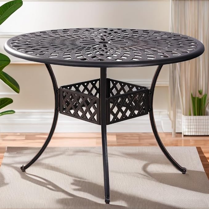 Outdoor Round Cast Aluminum Patio Dining Table with Umbrella Hole, 42" Outdoor Table Metal Frame for Backyard Lawn Balcony Deck, Bronze (42" Round Table)