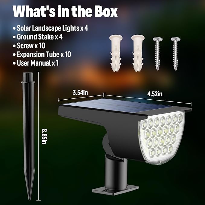 GKGG Solar Lights Outdoor Waterproof IP65, Solar Powered 76 LED 3 Lighting Modes Solar Spot Lights Outdoor for Yard Garden Landscape Pathway (Cool White, 4 Pack)