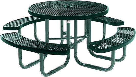 COATEDOUTDOORFURNITURE Heavy-Duty Portable Outdoor Picnic Table with Umbrella Hole, Expanded Metal Commercial-Grade Patio Furniture Made in America (46" Round Top, Dark Green with Dark Green Frames)
