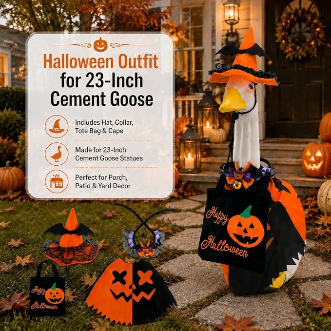 Halloween Porch Goose Outfits for 23'' Lawn Geese Statue Goose Costume with Witch Hat Pumpkin Outfits Bow Candy Treat Bag, Outdoor Garden Goose Decor for Patio Yard Lawn Art Halloween Ornament