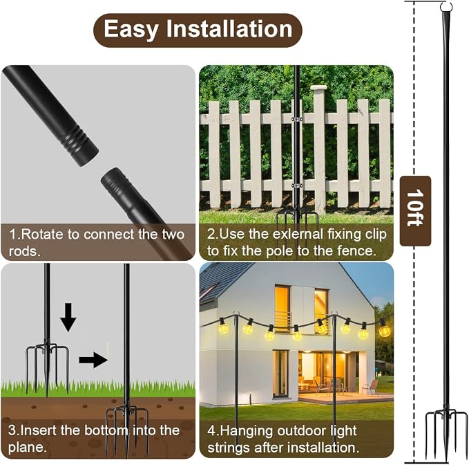 2 Pack 10FT Lighting Hanging Pole for Outside, Waterproof Hardened Metal Outdoor String Light Poles for Patio, Garden, Bistro, Wedding, Parties