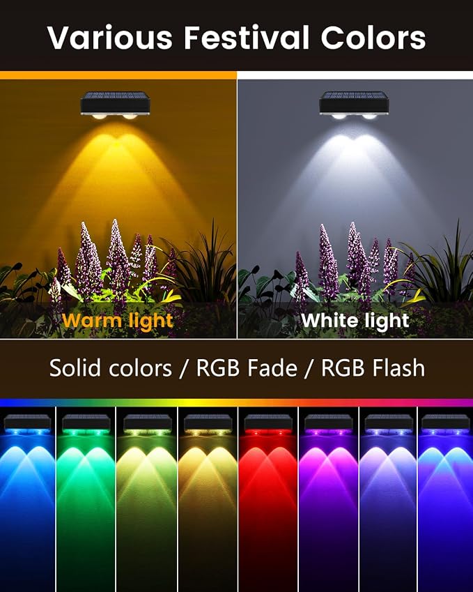 JOFIOS Solar Fence Lights Outdoor Waterproof, 80 Lumens Solar Lights for Fence with Warm White & RGB 8 Colors,Outdoor Solar Light for Deck, Patio, Backyard, Fence, Railing (12-Pack-Black)