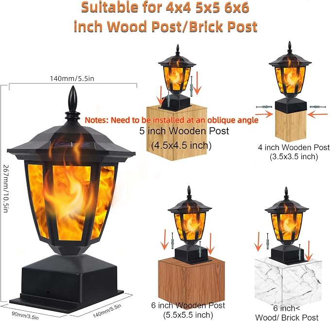 Dynaming Solar Flame Post Lights Outdoor, Solar Powered Lamps Fence Post Cap Lights, Flickering Flame LED Lantern Decorative Waterproof for Garden Deck Patio, Fit 4x4, 5x5 or 6x6 Wooden Posts, 4 Pack