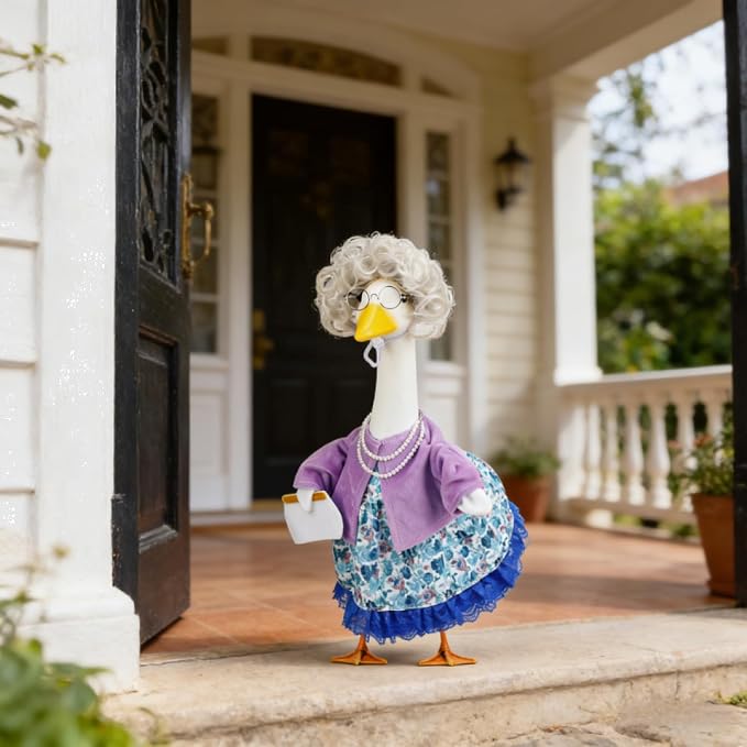 Old Lady Porch Goose Outfits Grandma Goose Clothes Glasses Curly Wig Floral Print Dress Cardign and Pearl Necklace,23'' Geese Statue Outdoor Patio Yard Lawn Decoration (Purple B)