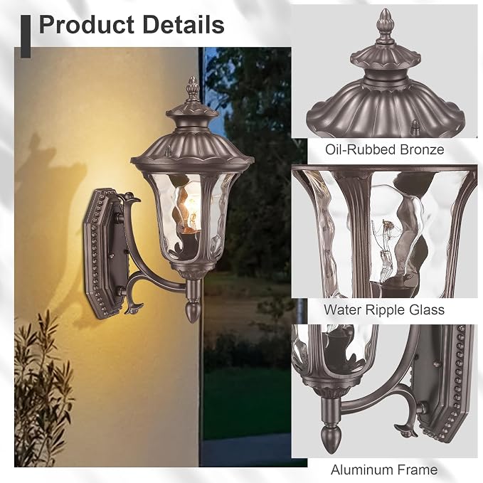 Outdoor Light Fixtures Wall Mount, Waterproof Exterior Wall Lanterns with Waer Ripple Glass, Outside Sconces, Front Porch Lights for House Garage Doorway Patio, 15'' Small Oil-Rubbed Bronze