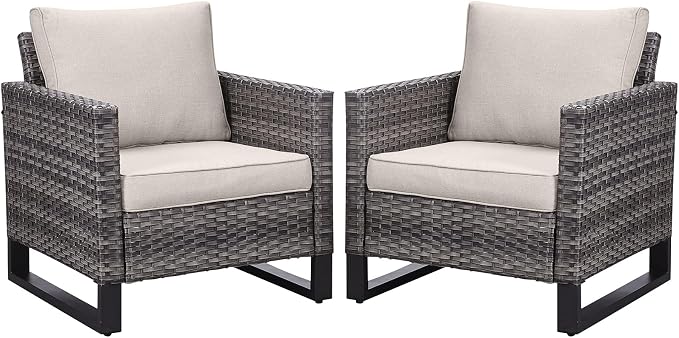 Belord Oversize Patio Chairs Set of 2 Outdoor Wicker Dining Chairs, All-Weather Rattan Patio Club Chair Furniture Sets with Water-Resistant Cushion Anti-Rust Frame Beige