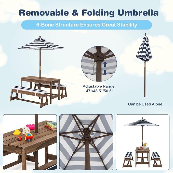 Olakids Kids Picnic Table, 2 in 1 Outdoor Toddler Wooden Table and Chair Set with Removable Cushions Height Adjustable Umbrella, Children Activity Furniture Bench for Patio Garden Backyard (Blue)