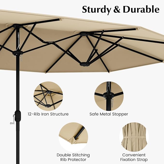 Tangkula 10 Pieces Patio Wicker Dining Set w/Double-Sided Patio Umbrella, Outdoor Acacia Wood Furniture Set w/ 8 Armchairs, 71” Dining Table & 15 ft Umbrella with Weighted Base (Beige)