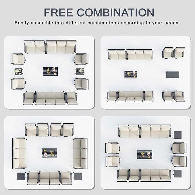 12 Pieces Patio Furniture Set, Metal Outdoor Conversation Sets with Swivel Chairs, Modern Couch Sofa Seating Group with Coffee Table and Side Table (Thick Beige Cushions)