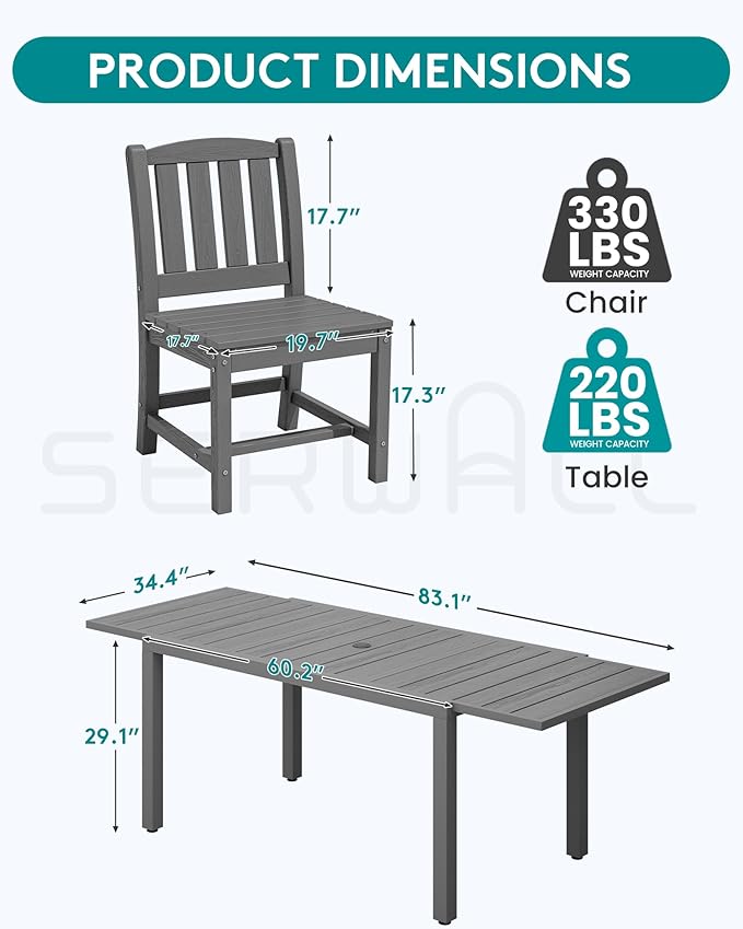 SERWALL Outdoor Dining Chairs Set of 4, Grey | All-Weather HDPE Patio Armless Chairs Suitable Outdoor Dining Table