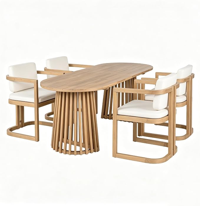 Christopher Knight Home Evana Acacia Wood Dining Table Set for 4, Solid Wood Outdoor Dining Set for 4, Modern Oval Patio Dining Table and Chair Set with Cushions, Brown + Light Teak + Beige