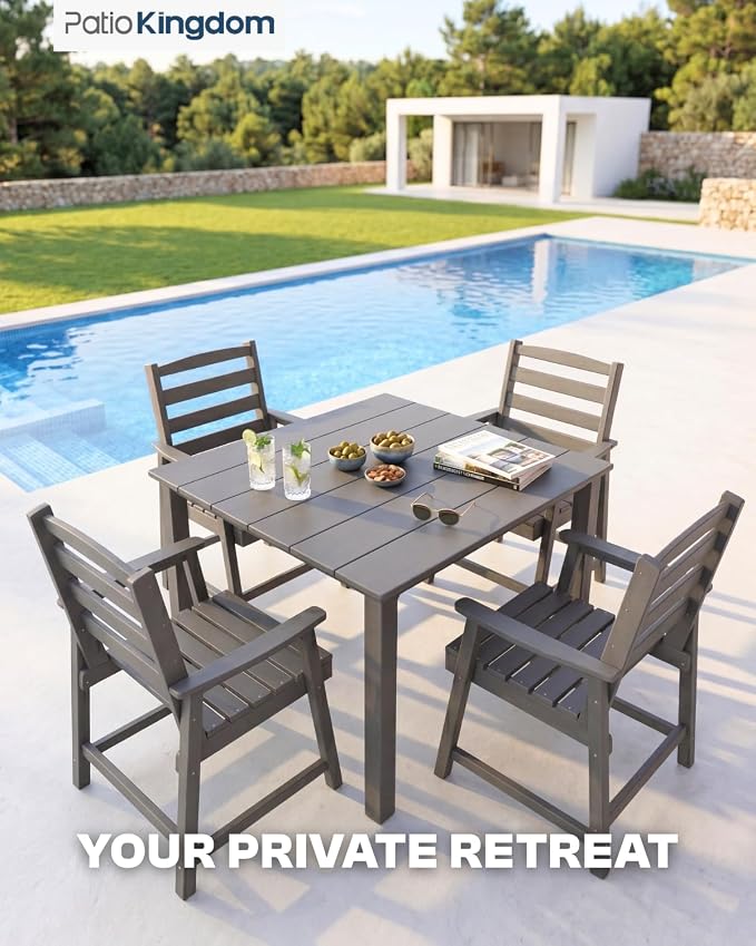 HDPE Outdoor Dining Set for 4 with 10FT Umbrella, Grey | All-Weather HDPE, Wood Grain Finish, 42.5" Square Table, Built-In Umbrella Hole, Seats 4, Patio & Poolside Ready