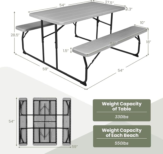 Tangkula Folding Picnic Table with 2 Benches, Outdoor Metal Camping Table Set with Plastic Wood-Like Texture Tabletop & Steel Frame, Foldable Camping Table for Picnic, Party, BBQ (Grey)