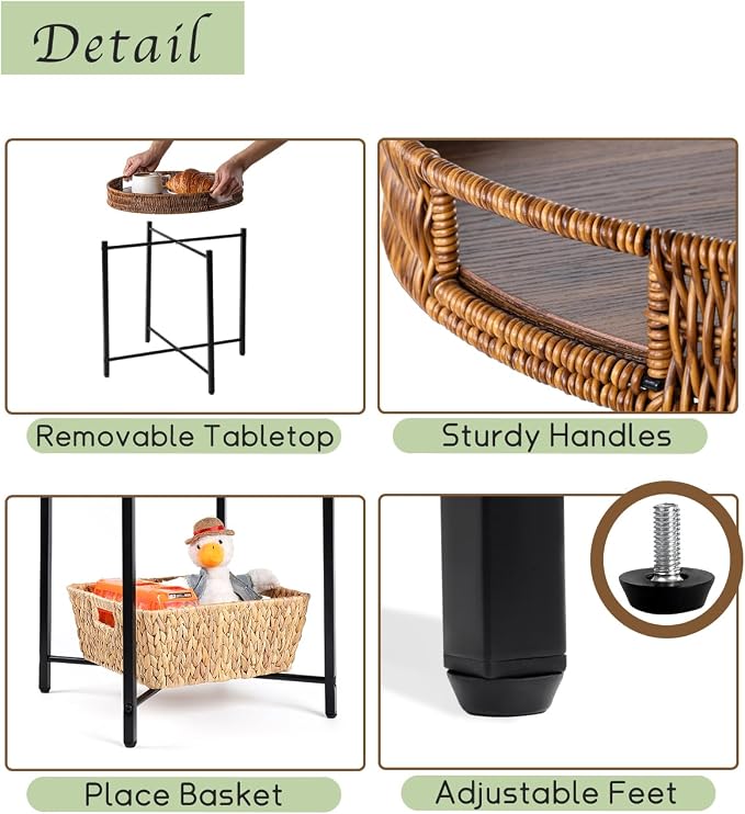 19in Round Rattan Side Table with Wooden Tray，Small Round Wicker Wooden End Table，Rattan End Table for Indoor Use, Living Room, Bedroom, Office, Balcony-Brown