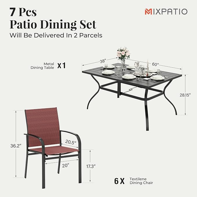 MIXPATIO Patio Table and Chairs Set, Patio Dining Sets for 6 with Red Chairs and Metal Rectangular Table, 7-Piece Patio Furniture Set for Deck Backyard Poolside