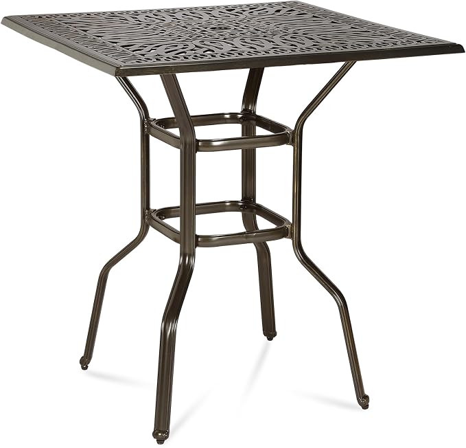 MEETWARM Patio Height Bar Table, 35.4" Bar Height Bistro Table, Outdoor Cast Aluminum Bistro Square High Top Dining Table with 2.2" Umbrella Hole for Garden Deck Backyard, Dark Bronze