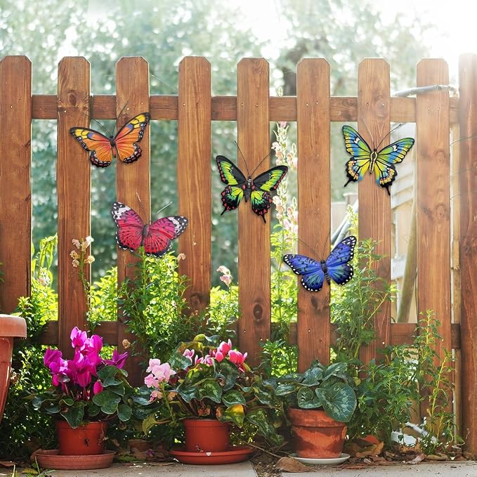 EOORAU Metal Butterfly Wall Decor - 5 Pcs 3D Lifelike Metal Butterflies Outdoor Wall Art Sculpture Hanging Decorations for Outside Fence Yard Patio Garden Exterior Decorations