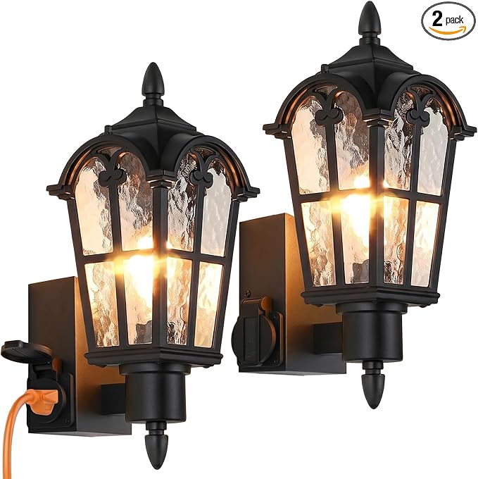 16’’ Large Outdoor Wall Lights with Outlet, Exterior Wall Lantern Sconces | Waterproof, Rust-resistant, Matte Black, Water Ripple Glass, Quick & Easy Installation, Retro & Traditional