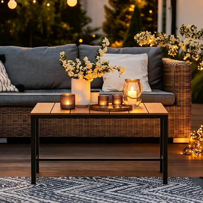 mapleway 33" Rustic Outdoor Coffee Table, Natural Wood Slat Top with Heavy Duty Metal Frame, Weather Resistant Patio Table for Garden Deck Balcony Porch, Simple Assembly, Wood Color