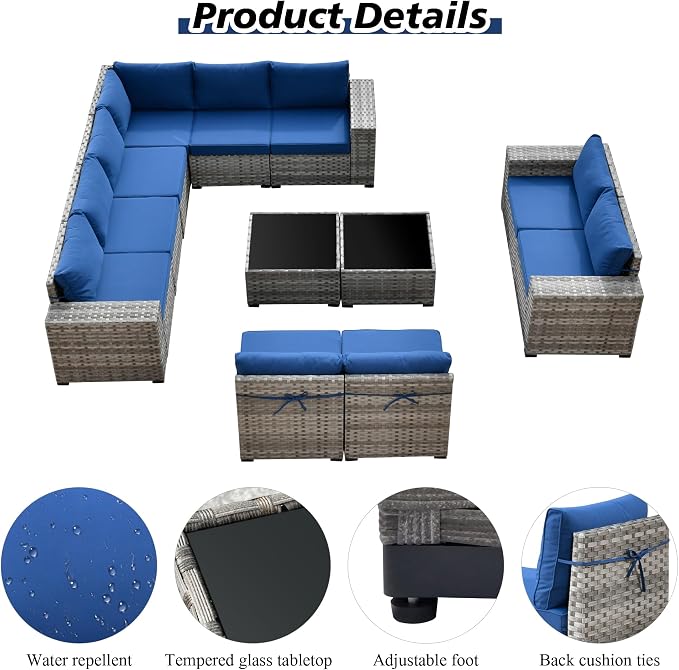 HOOOWOOO 12 Piece Modular Patio Outdoor Sectional Furniture Sofa Set,Wicker Conversation Set,Out Door Couch Set with Wide Arm for Outside All Weather(Navy Blue)