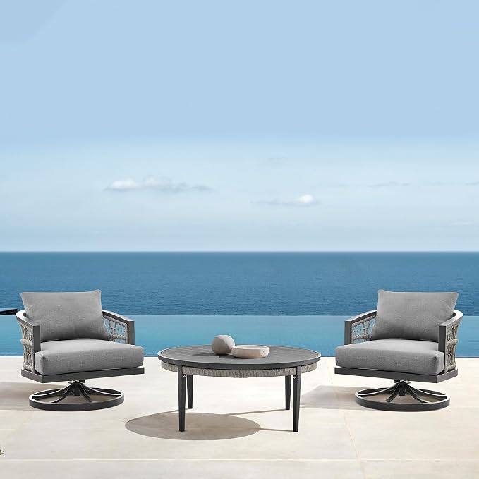 Armen Living Zella Round Coffee Table in Aluminum with Charcoal Finish and Light Gray Rope