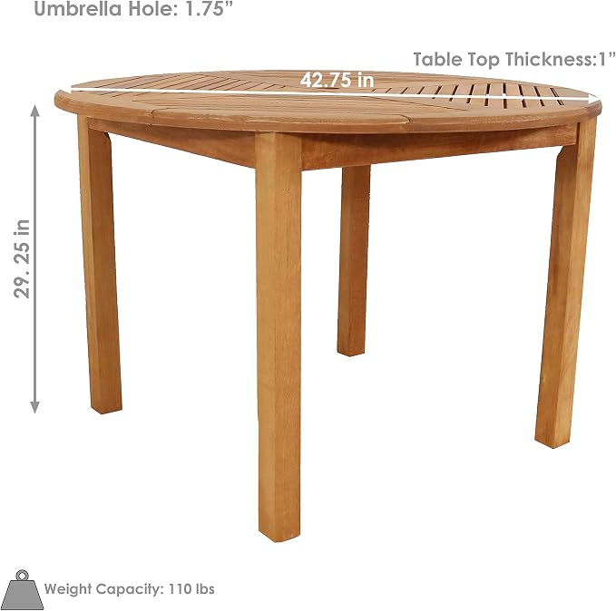 Sunnydaze Outdoor Patio Table with Umbrella Hole for Shade – 42-Inch Round Wood Dining Table for Backyard Gatherings, Outdoor Meals & Comfortable Patio Dining - Teak Oil Finish