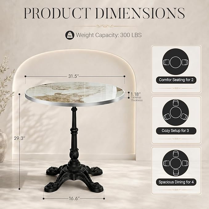 31.5" Outdoor Tulip Dining Table with Sintered Stone Tabletop and Cast Iron Base, Antique Patio Bistro Table for 2-4 Person for Indoor Outside Cafe Restaurant Backyard Garden (Platinum Cloud)