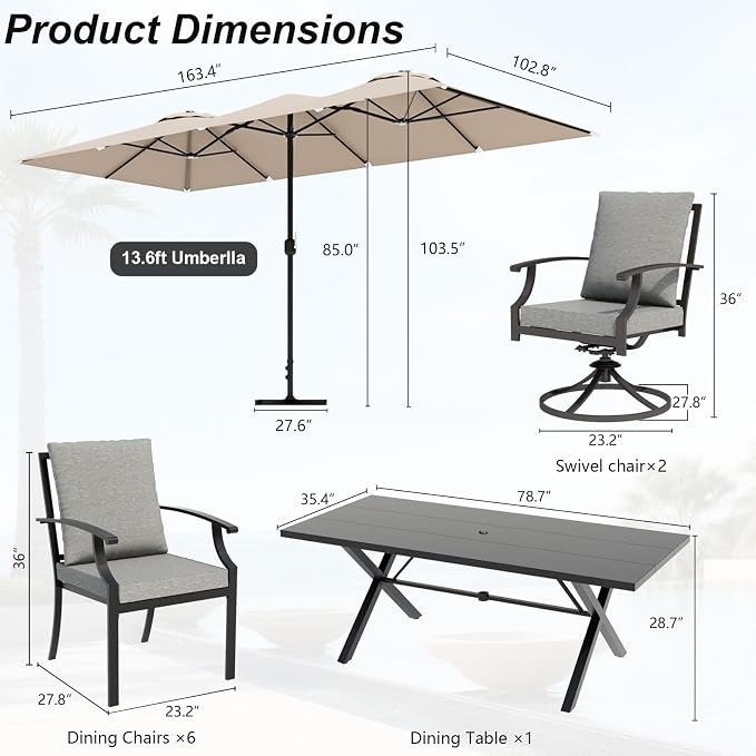 10 Pieces Patio Dining Set with Brown Umbrella,Outdoor Furniture Set Includes Hole Cut-Out Table and 6 Metal Backrest Chairs and 2 Swivel Chairs for Backyard,Garden,Poolside,Grey