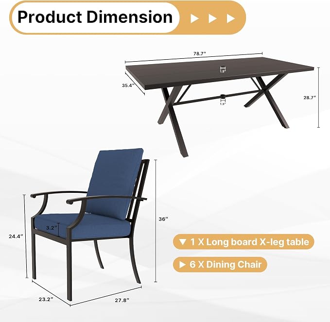 Gotland 7 Piece Outdoor Dining Set, Metal Outdoor Table and Chairs with X-Shaped Legs 1.5" Umbrella Hole, Patio Furniture Set with Waterproof Cushions, Patio Dining Sets for Backyard Deck Navy