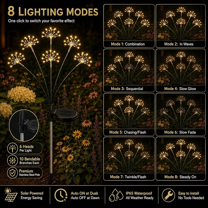 Solar Firework Garden Lights with 8 Modes, IP65 Waterproof Garden Decoration Lights