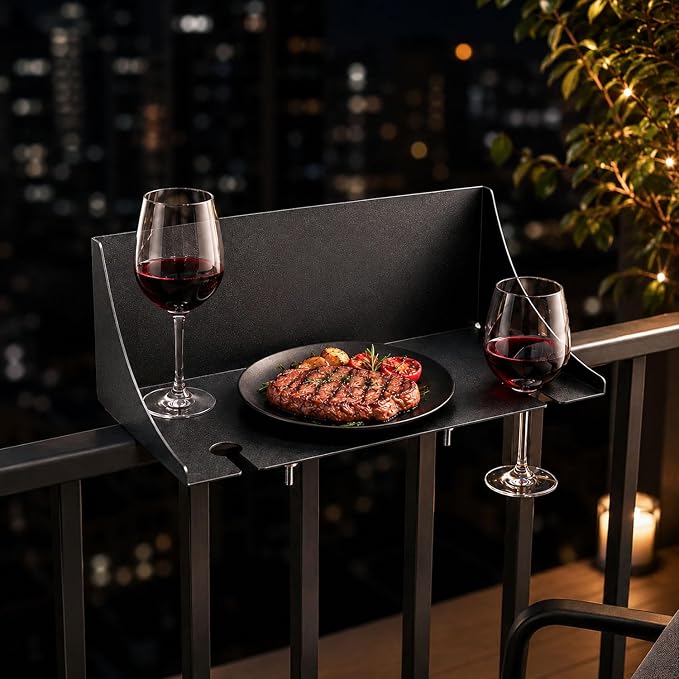 Balcony Railing Table, Clamp-On for Flat & Square Rails, Wine Glass Slots | Heavy-Duty Alloy Steel Carbon Coating, Balcony Deck Outdoor Patio, Drain Holes, Easy Installation, 17"Lx7.8"W