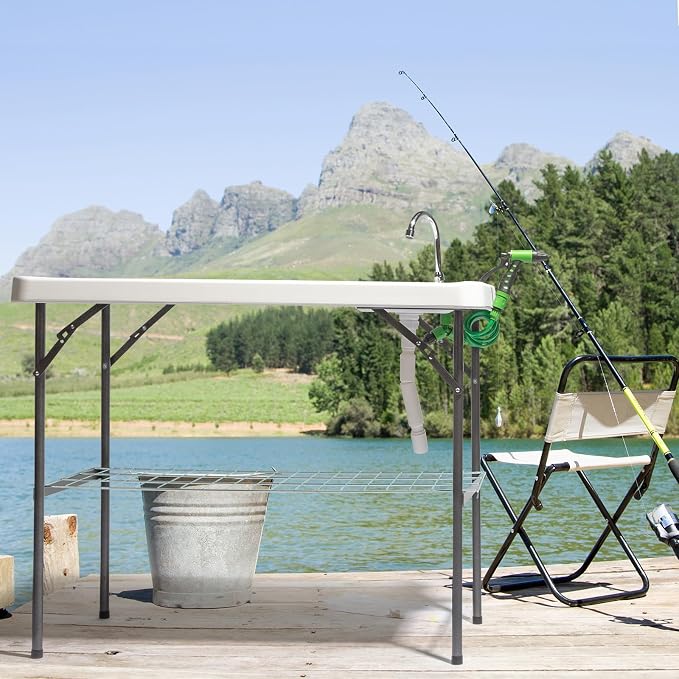 VINGLI Outdoor Folding Fish and Game Cleaning Table w/Sink| Portable & Durable, Standard Garden Connection, Upgraded Drainage Hose, Stainless Steel (Upgraded)