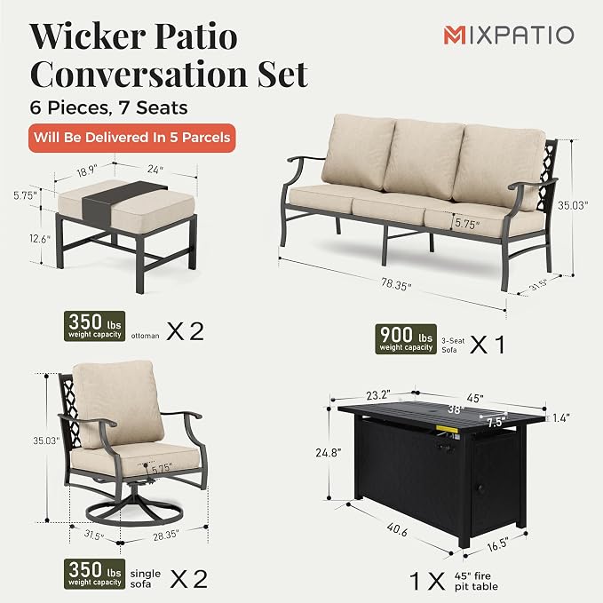 MIXPATIO Patio Furniture Set, 6 Pcs Metal Outdoor Conversation Set, 2 Swivel Chairs, 2 Ottomans and 3 Seater Sofa with 5.75" Extra Thick Cushion and Gas Fire Pit Table, Beige