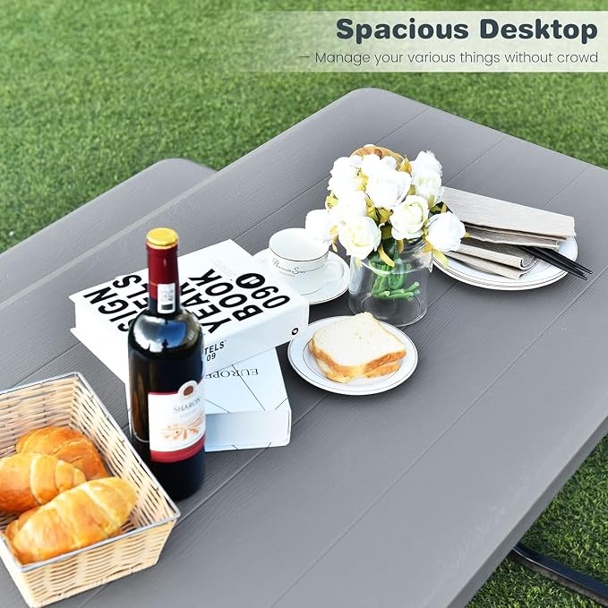 MEDIMALL Portable Picnic Table With Benches, Plastic Bench Set With Metal Frame & All Weather Tabletop, Large Camping Table for Outdoors, Backyard, Garden (Gray)