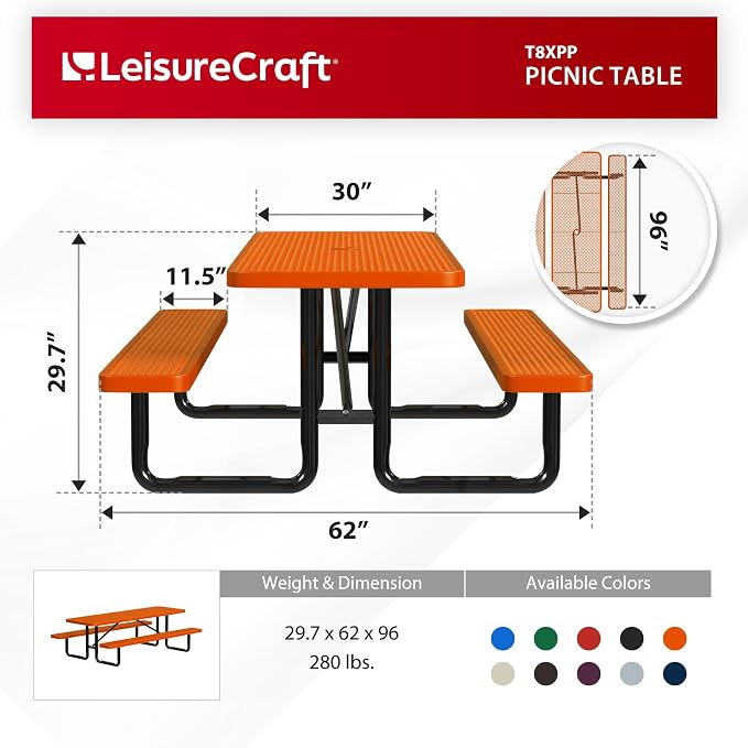 Leisure Craft Metal Picnic Table with Bench - 8 ft Rectangle Outdoor Dining Table for 8, Umbrella Hole, Weatherproof Heavy Duty Thermoplastic Coating, Commercial Grade Furniture Made in USA - Orange