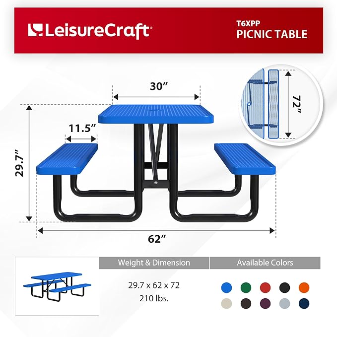 Leisure Craft Metal Picnic Table with Bench - 6 ft Rectangle Outdoor Dining Table for 6, Umbrella Hole, Weatherproof Heavy Duty Thermoplastic Coating, Commercial Grade Furniture Made in USA - Blue