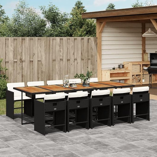 11 Piece Outdoor Patio Dining Set with Cushions Black Poly Rattan Folding Chairs Acacia Wood Table for Garden Backyard
