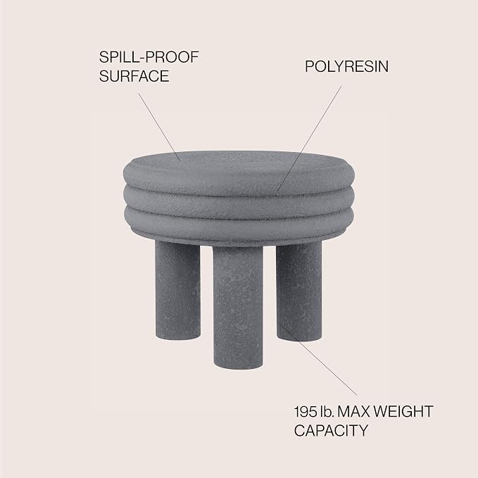 JONATHAN Y Rashida 18" Modern Round Polyresin Indoor Outdoor Accent Coffee Table, Weather Resistant Low Table with Chunky Ribbed Stacked Ring Design and Tripod Pillar Base, Gray Frosted TBL1106A