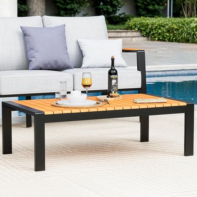 Aluminum Outdoor Patio Coffee Table for for Deck, and Poolside (Black, Dark Teak)