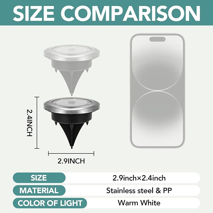 SOLPEX 10 Pack Small Solar Ground Lights, Pathway Lights Warm White | Stainless Steel Solar Powered Walkway Lights Waterproof, Landscape Lighting for Driveway, Garden, Backyard, Patio