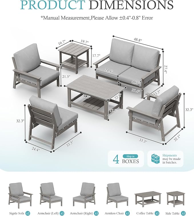Ciokea Modular Patio Furniture Set with Thicked Cushions, 7Pcs All-Weather Outdoor Conversation Set with Coffee Table & Side Table, Modern Sectional Sofa Set for Deck (Grey Frame/Grey Cushions)