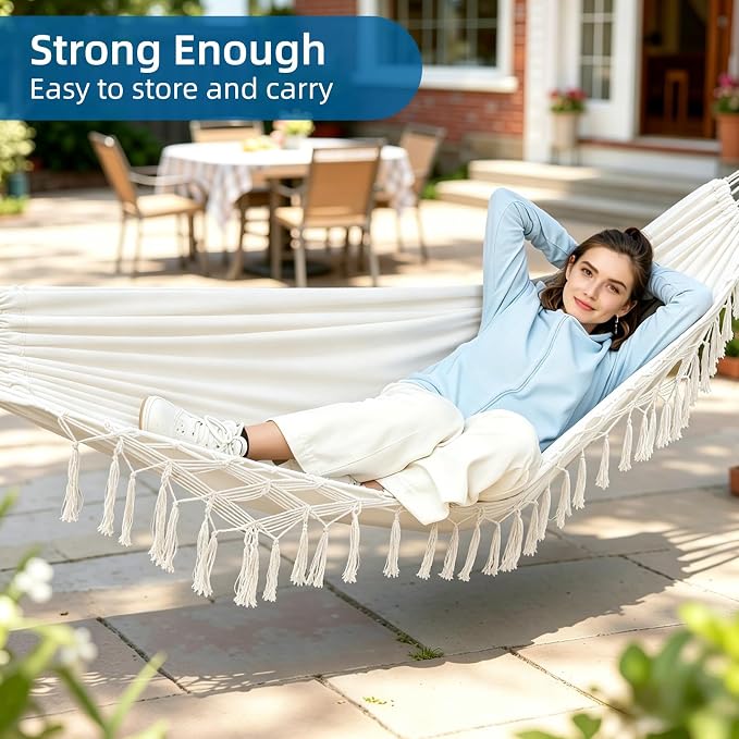 Brazilian Style Double Hammock with Fringe, 2 Person Patio Hammock for Backyard & Indoor Relaxation, Soft Breathable Fabric, Easy Setup with Straps & Carry Bag, 360 lbs Capacity