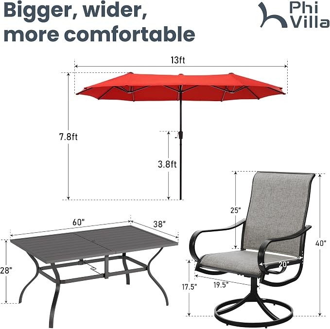 PHI VILLA Patio Dining Set with 13ft Umbrella for 6, Swivel Mesh Chairs | 60'' metal rectangular table, 6 brown outdoor textilene chairs and 13ft orange red umbrella(NO BASE) for deck, garden, yard