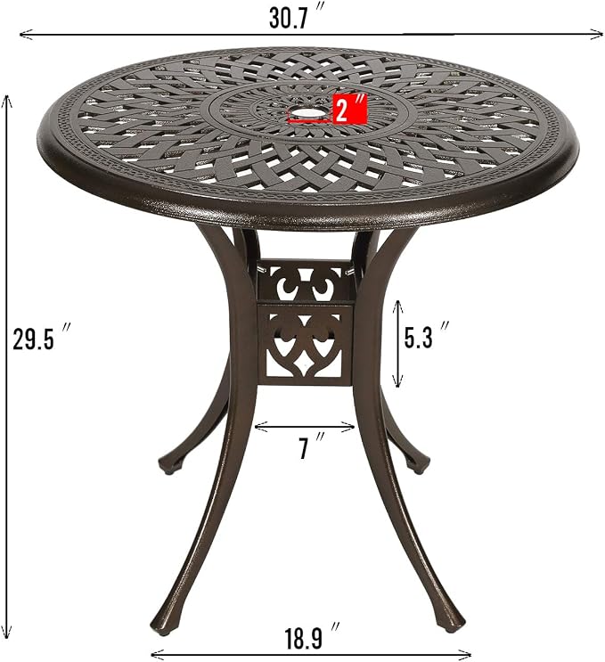 Puluomis 31” Round Cast Aluminum Dining Table, Outdoor Patio Retro Bistro Dining Table with 2” Umbrella Hole