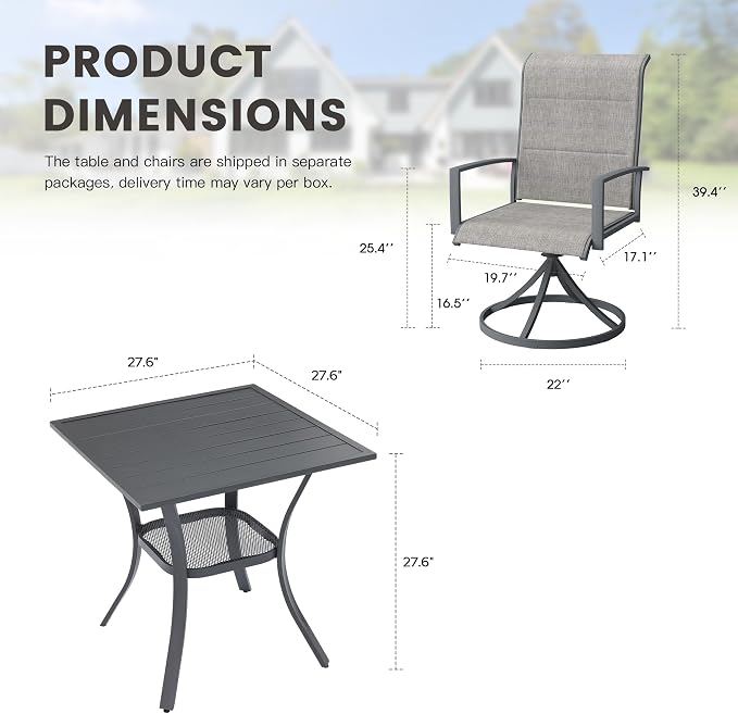 Outdoor Dining Set for 2, 28" Metal Square Outdoor Dining Table and Padded Textilene Patio Swivel Chairs, 3 Pieces Patio Table and Chairs Set for Garden Backyard, Grey and Dark Grey