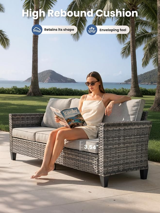 5-Piece Outdoor Patio Furniture Set with Swivel Chairs, Outdoor Conversation Wicker Sofa with Coffee Table, Rattan Couch for Deck, Backyard, Poolside (Light Grey)